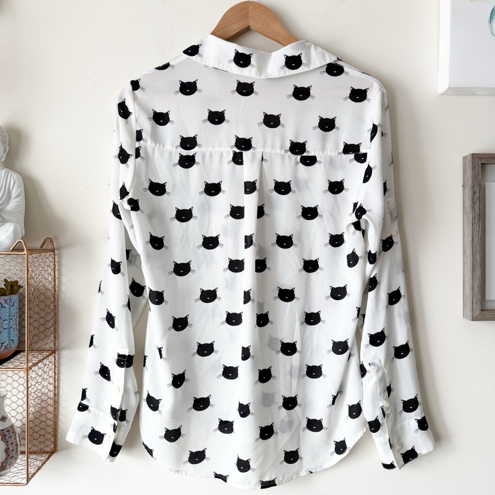 Express Portofino Button Down Blouse Ivory Black Cat Rare Print Size Small - Picture 9 of 14